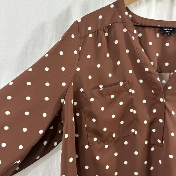 Torrid Harper Crepe De Chine Brown Polka Dot 3/4 Sleeve Top Womens Size 2 Career - Picture 5 of 11